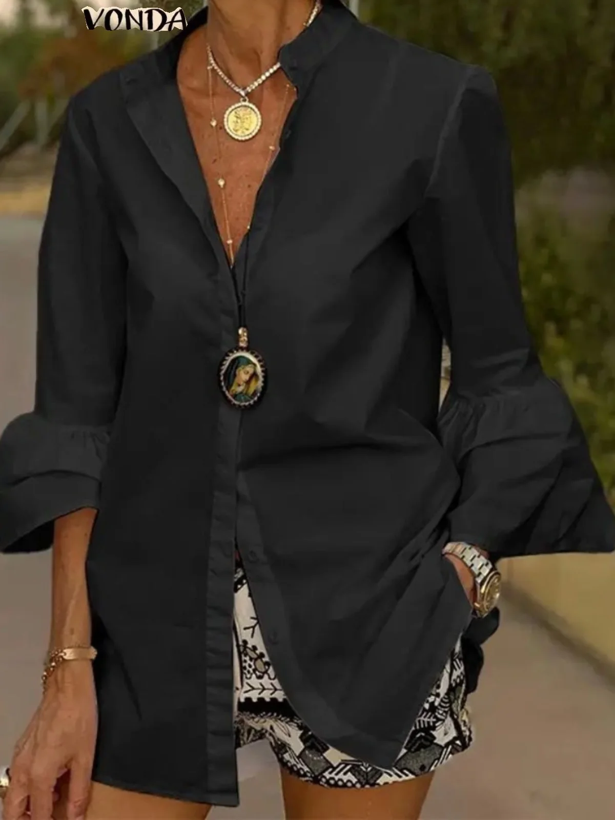 قميص نسائي متوسط الطول بأكمام واسعة، قميص بأكمام طويلة على شكل جرس، قميص ميدي أنيق وعصري للعمل، ملابس نسائية