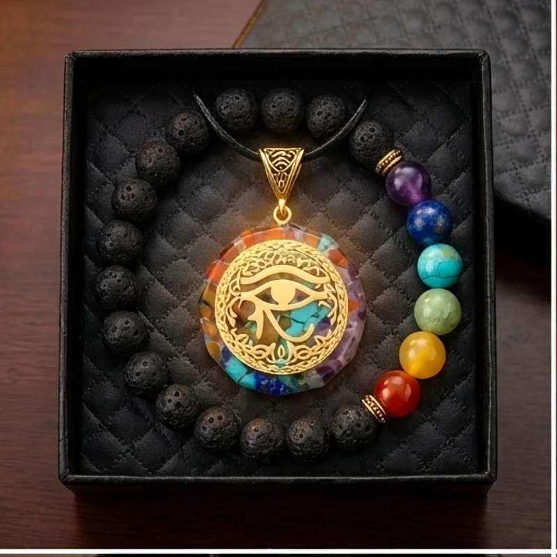 Seven Chakra Orgonite Energy Pendant & Bracelet Set | Sacred Eye of Horus Colorful Crystal Chip Pendant + Rainbow Chakra Stone B