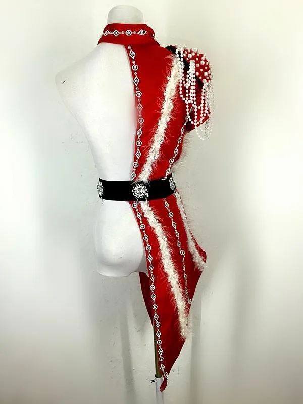 Novedad, traje de escenario de Jazz para mujer, vestido individual con cuentas negras y rojas, traje de actuación para equipos de baile, club nocturno, Bar, DJ, ropa de cantante