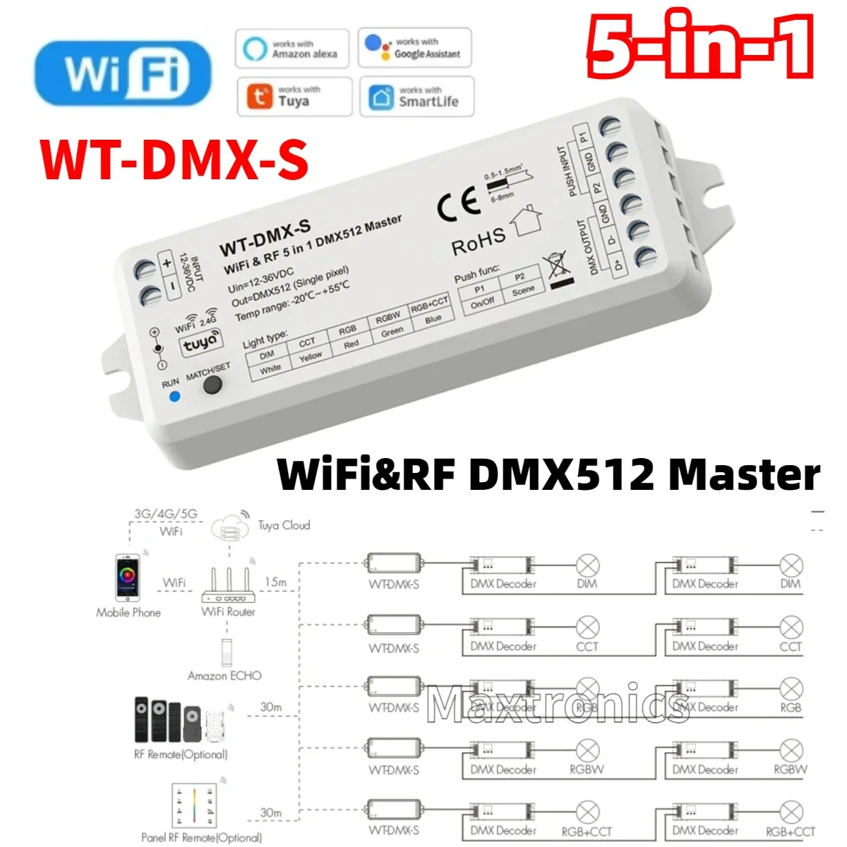 5CH 5-in-1 WiFi&RF DMX512 Master 12-36V TUYA APP Control WT-DMX-S DMX Signal Output For Single Color RGB RGB+CCT RGBW LED Light