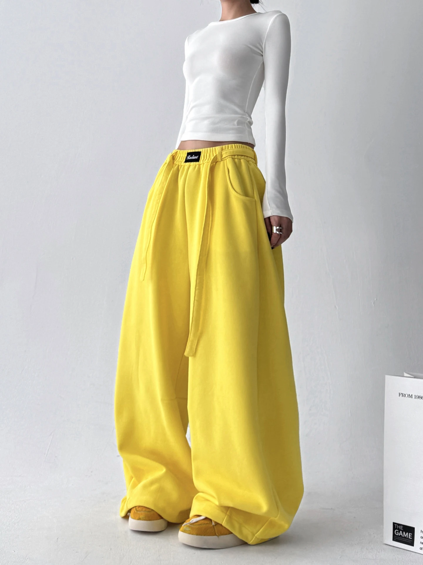 Pantalon à jambes droites et larges pour femmes, jaune, décontracté, amincissant, taille haute, mélange de coton et de Polyester