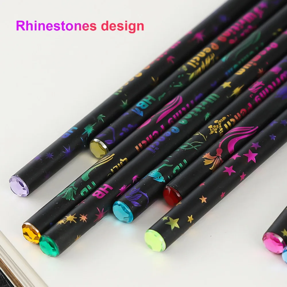 12PCS Exquisite Look Black Wood Pencil Black Wood HB Cartoon Print Pencil Rhinestone Decor Pencil Drawing