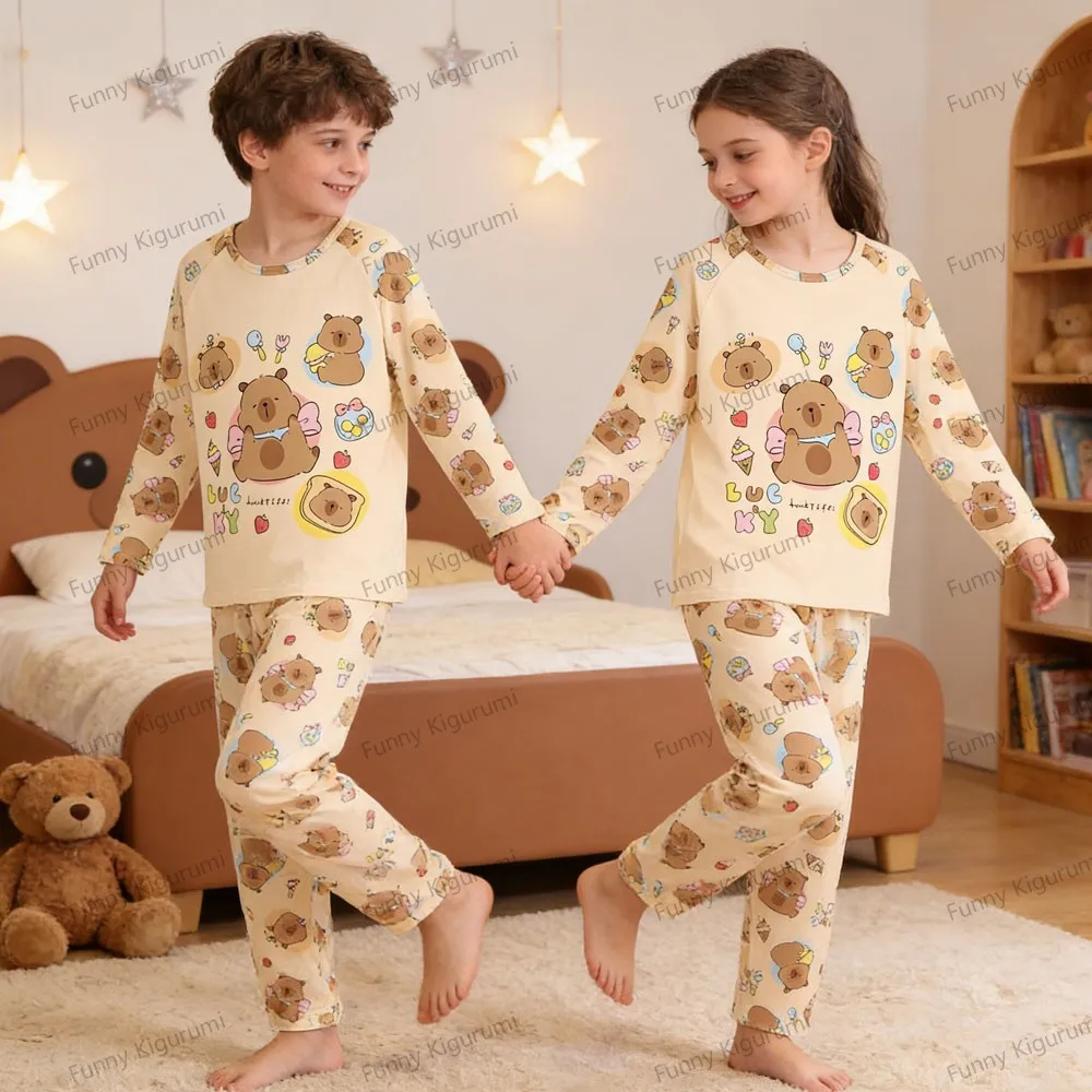 Capibara Pajamas Sets for Children 3 4 5 6 7 9 11 13 Years Kids Cartoon Sleepwear Boys Long Sleeve  Home Wear Girls Clothing Set