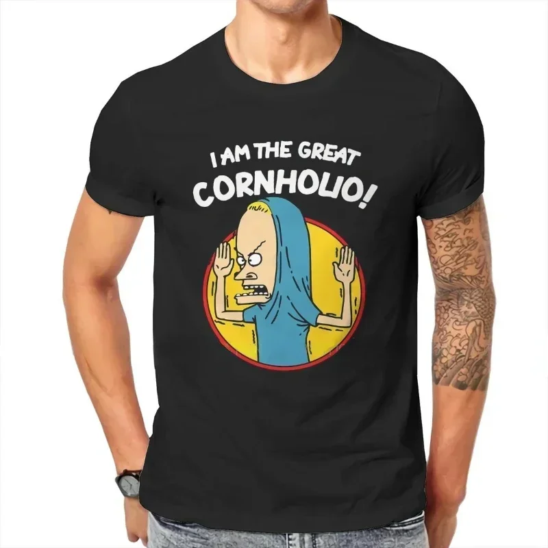 

Men's casual fashion T-shirt, beavis head tuxedo, cartoon graphics, I'm horny, hipster. Casual street wear shirt top oversize