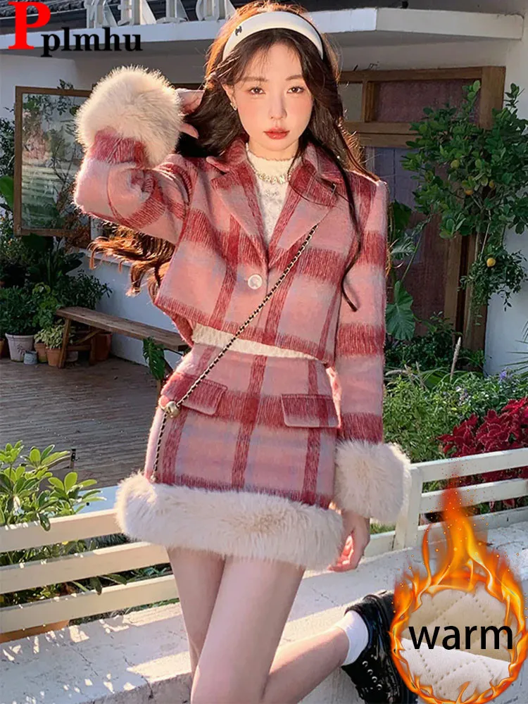 Winter Warm Cotton Padded Lined 2 Piece Sets Women Lapel Neck Cropped Coats Conjuntos Casual Slim Thicken Short Skirts Outfit