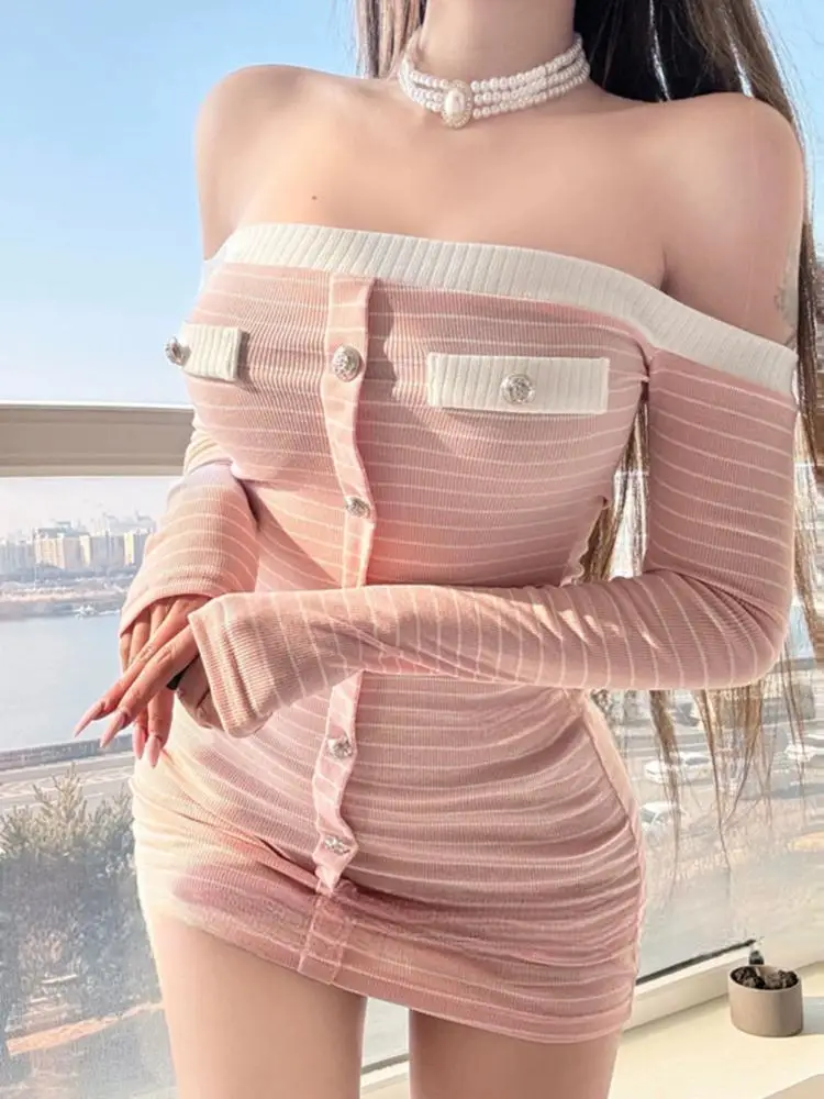 

Korea Style Slash Neck Slim Fit Dress Women's Spring and Summer Off Shoulder Stripe Hip Wrap Dress Fashion Female Clothes