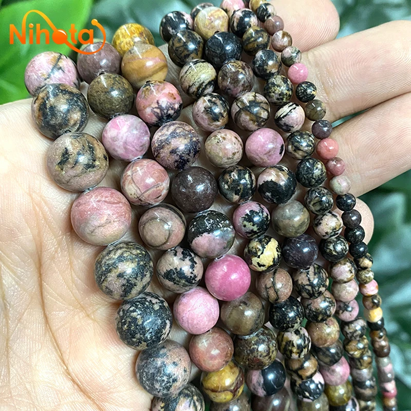 Natural Black Lace Rhodonite Round Loose Beads DIY For Charms Jewelry Making Bracelet Rings Earrings 15'' Strand 4/6/8/10/12mm