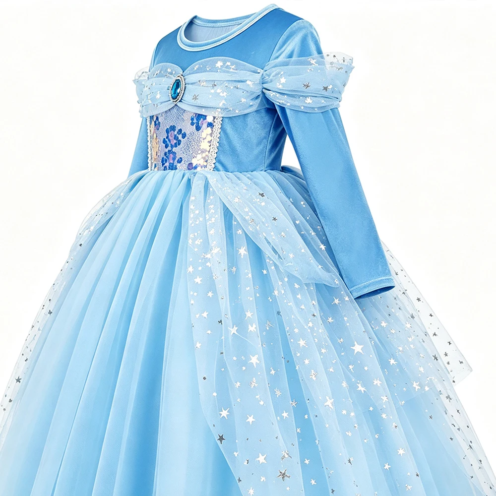 Mädchen Cinderella Blaues Pailletten-Prinzessinnenkleid mit Langen Ärmeln, Krone, Halskette und Komplettem Zubehör-Set als Geburtstagsgeschenk für Kinder – Detail 5