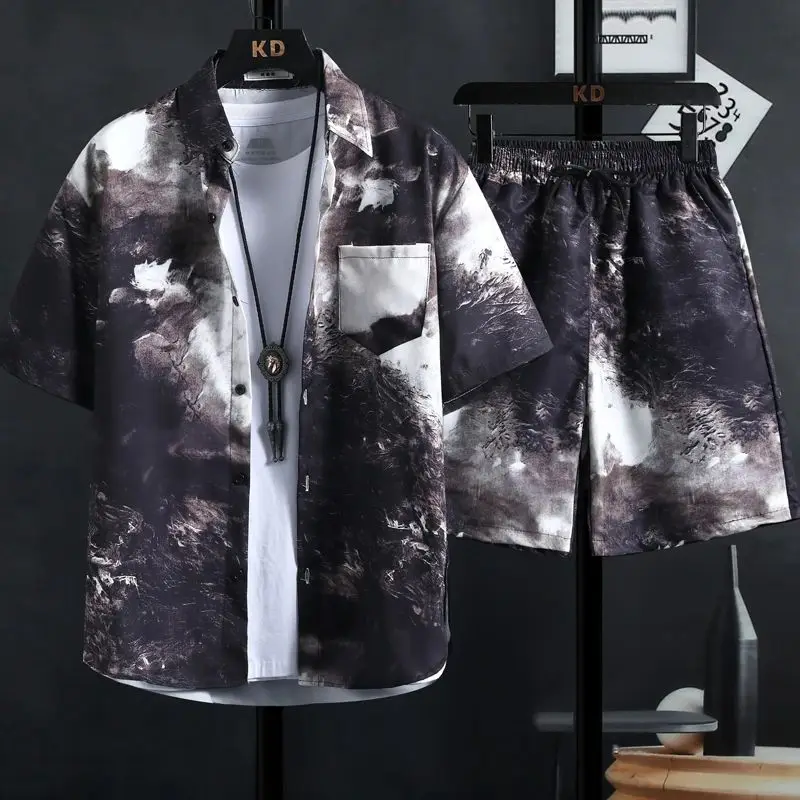 High Quali Men's Printed irt Set Faion Trend Cleanfit Sle A-Line Sve Linen Material Ladies' T-irt