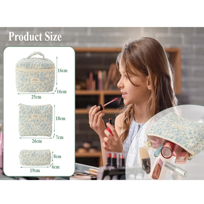 Makeup Cosmetic Bag Large Capacity Makeup Bag 3 Pcs Cotton Quilted Makeup Bag Aesthetic Floral Toiletry Bag For Women I