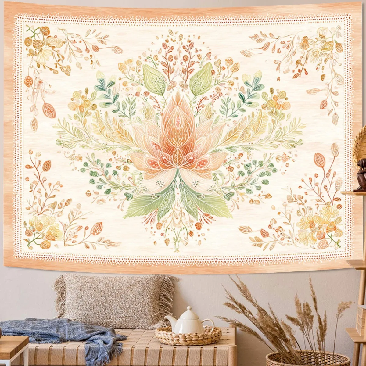 Gran Tapiz Bohemio de Mandala para Pared - Colgante Horizontal hasta el Techo en Tono Pastel Beige, Melocotón, Verde, Dorado, Ma