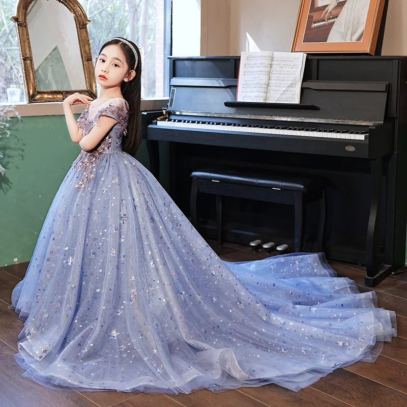 Children Formal Wear Stylish Strapless Princess Dress Catwalk Puffy Dress Piano Performance Costumes for High-end Evening Party