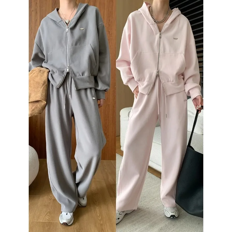 Double zipper lazy casual hooded sweatshirt drawstring wide leg pants suit early autumn new style