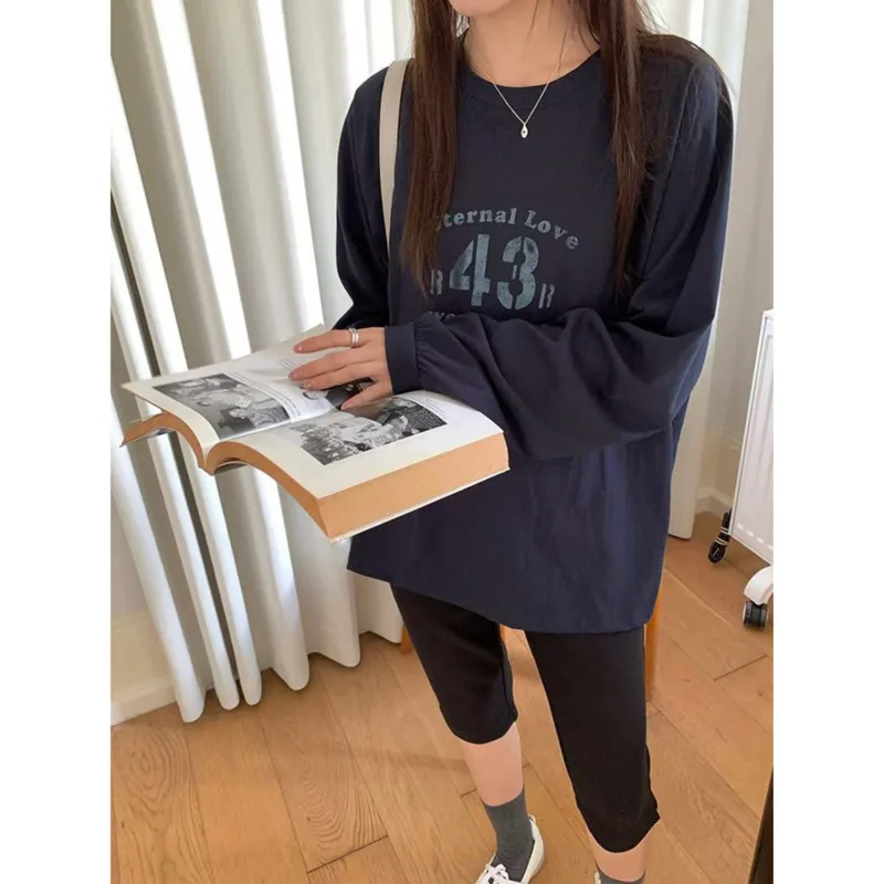 

Korean Cotton Letter Print Raglan Sleeve T-Shirt Women Round Neck Loose Long Sleeve Casual Pullover Tops