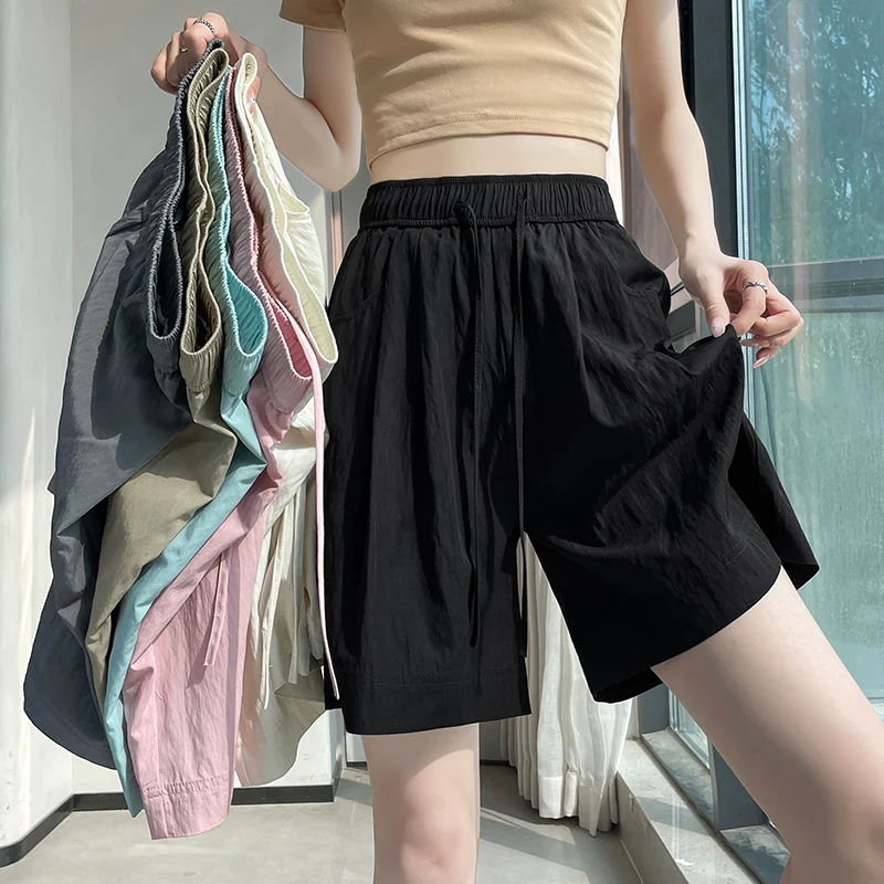 

Summer Thin Ick Silk Women's Wide Leg Shorts 2025 New Pockets High Waist Solid Korean Lace-up Casual Loose Short Pants Female