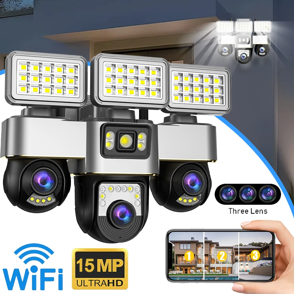 

V380 Triple Lens Wifi Security Camera 15MP Floodlight House Surveillance Cameras Night Vision Wireless Cctv Cam PTZ APP Control
