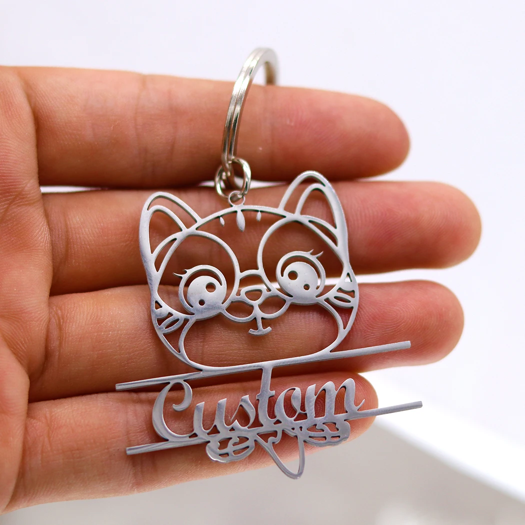 QIAMNI Cute Happy Kitten Personalized Custom Name Keychain Stainless Steel Animal Key Chain Creative Cat Car Bag Pendant Keyring