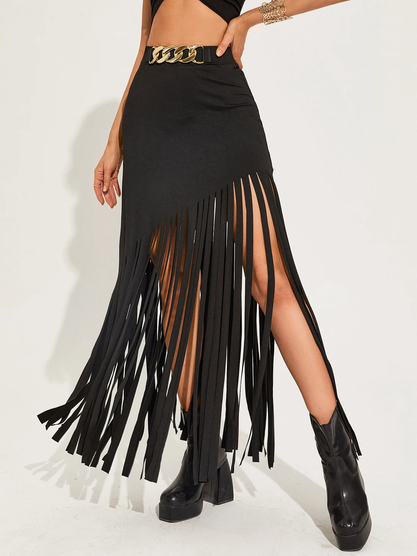 

Bold Shade Tassel High Waist Punk Style Midi Skirts Dark Gothic Aesthetic Grunge Fashion Long Skirt Elegant Buckle Party Bottoms