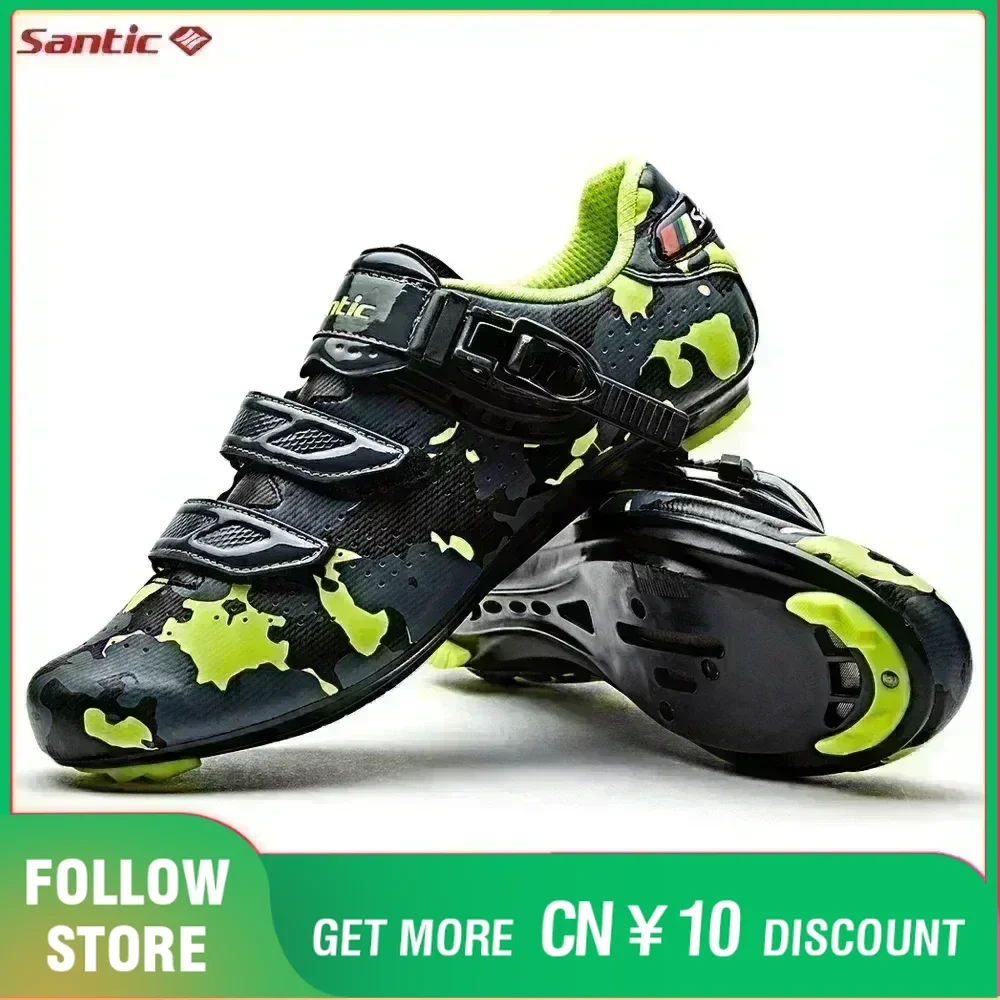 Santic Men's Cycling Lock Shoes Camo Outdoor Road Riding Sneakers Wear Resistant Nylon Sole Professional Road Bike Bicycle Shoes