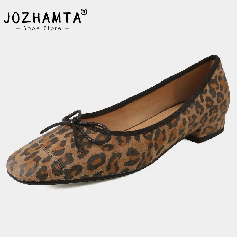 JOZHAMTA Vrouwen Ballet Flats Schoenen Echt Leer Leuke Strik Lage Hakken Schoenen Lente 2025, Luipaard Dagelijkse Jurk Kantoor Dame Maat 33-40