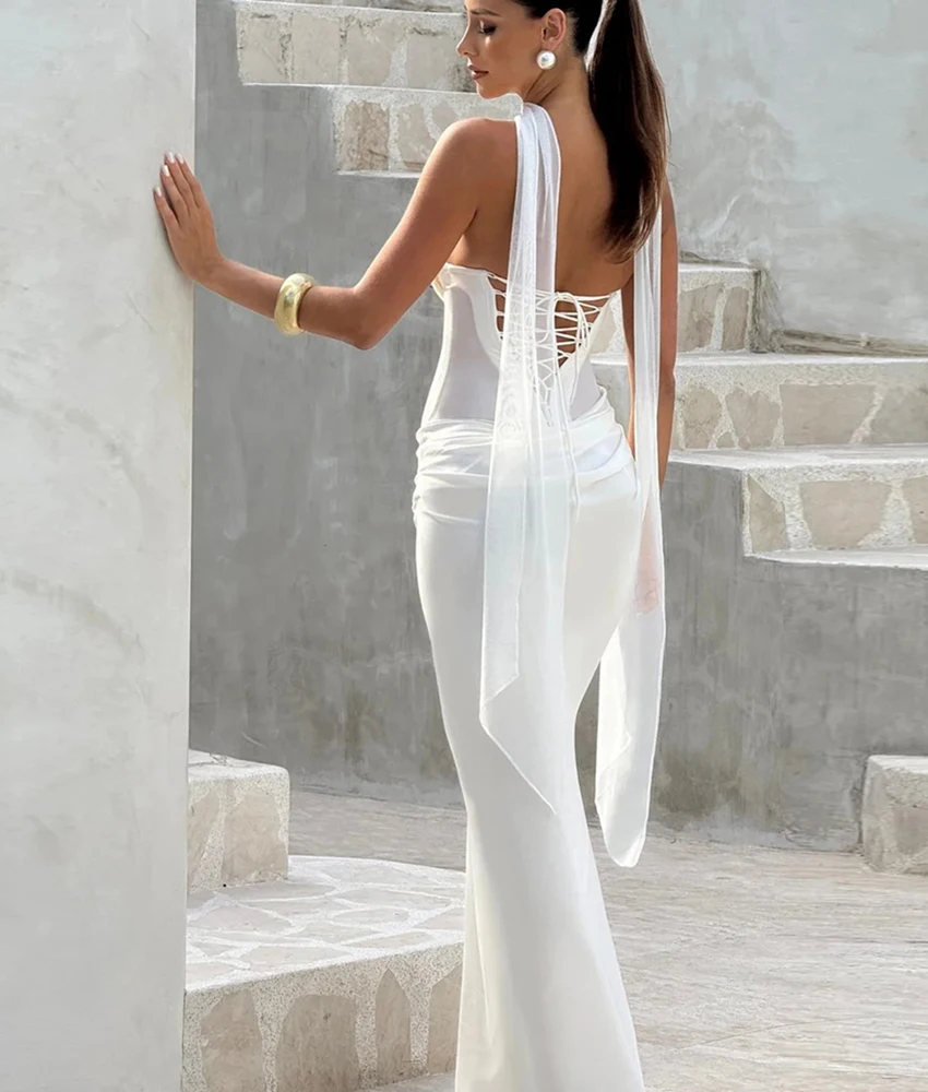 Vestido de noche personalizado con cintas de sirena, Jersey Sexy, temperamento, sin mangas, sin tirantes, largo hasta el suelo, vestidos para ocasiones especiales