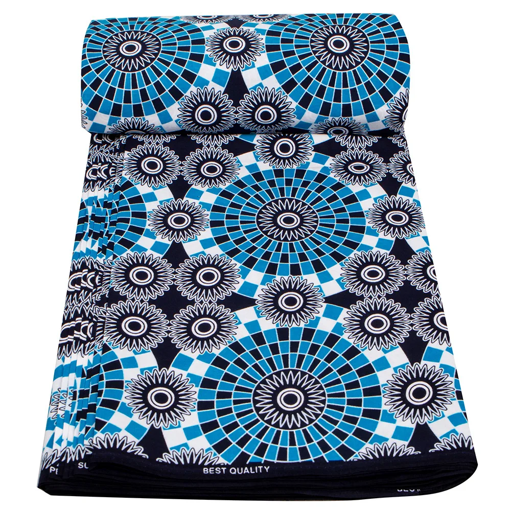 African Wax Fabrics 6 Yard 100% Cotton Fabric by the Yard Ankara Fabric for Party Dress Tissu Sewing Blue White Black Geometric