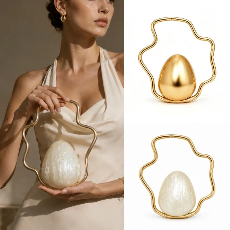 Egg Shape Wave Metal Ring Handle Evening Clutch Bag Fashion Banquet Party Handbag Elegant Wedding Purse Designer Chic Wristlet image 4