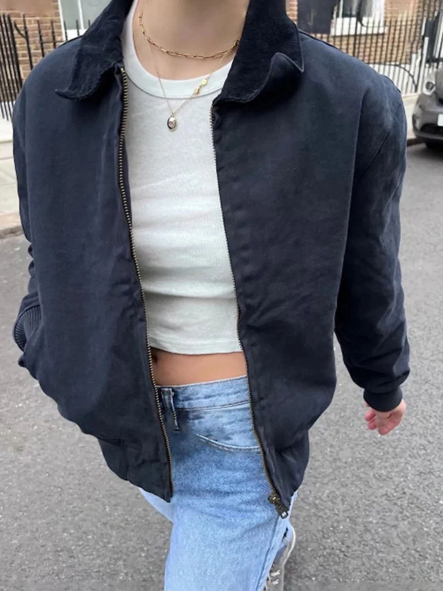 

Винтажная темно-синяя укороченная куртка с длинными рукавами, женская осенняя вельветовая куртка с отложным воротником на молнии, повседневное уличное пальто Y2k, однотонная верхняя одежда