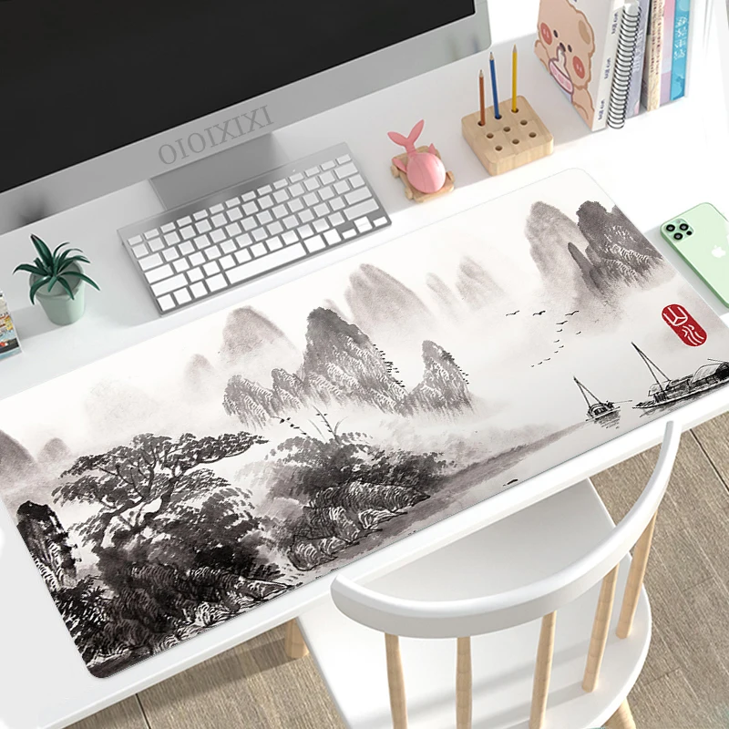 Podkładka pod mysz w stylu chińskim z motywem malarstwa tuszem, gamingowa XL, duża podkładka pod komputer, personalizowana podkładka XXL, z naturalnej gumy, antypoślizgowa, miękka, do laptopa, do biura. — zdjęcie produktu 2