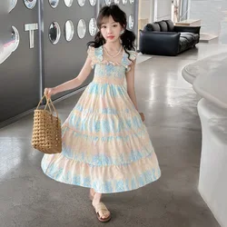 2024 Summer kid lace sleeveless Girls Long Teenager suspender square colorful layered princess slip dress 5 7 6 8 10 12  Years