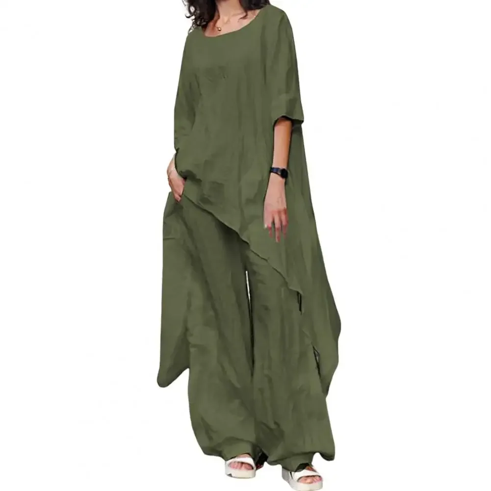 

Two-Piece Set Women Outfit Shirts Pants Cotton Linen Solid Color Wide Leg Trousers Suit Women Summer