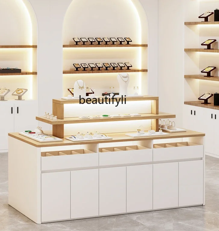 Solid wood cosmetics and jewelry store Nakajima flow table jewelry counter shoe bags and hats double-sided display cabinet