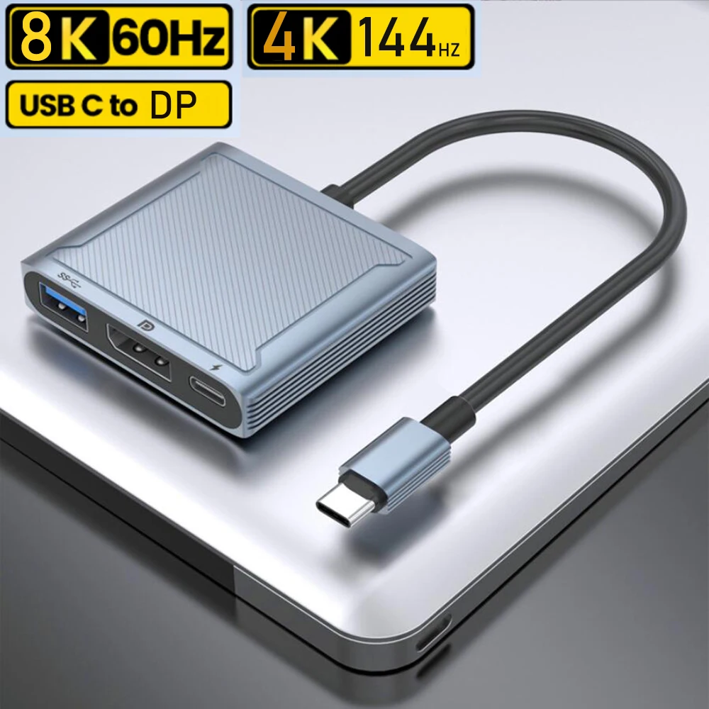 USB C to DisplayPort 1.4 dock 8K 3-in-1 Thunderbolt 3 Type C to DisplayPort 1.4 cable with PD charging USB 3.0 port for Macs