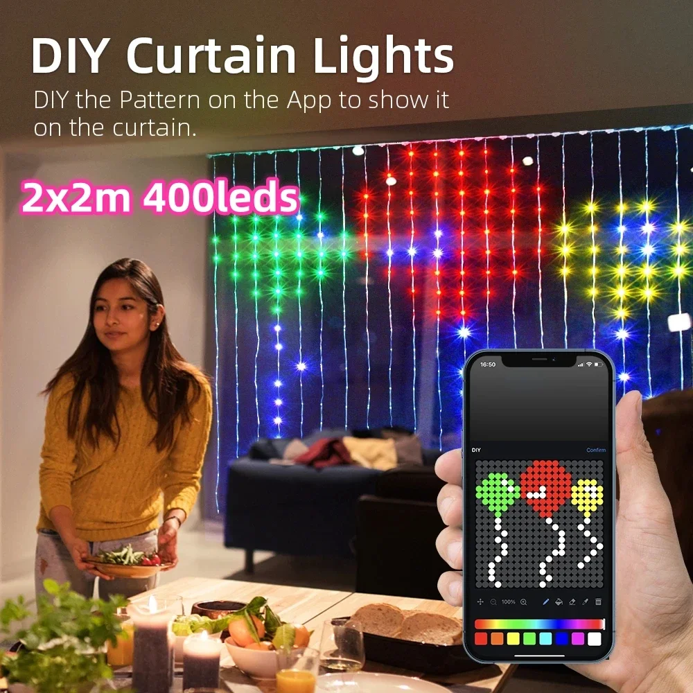 Inteligente LED Curtain Lights, USB String, Bluetooth App, RGB Fairy Lights, DIY Picture, Display de texto, Decoração de Natal, 5V