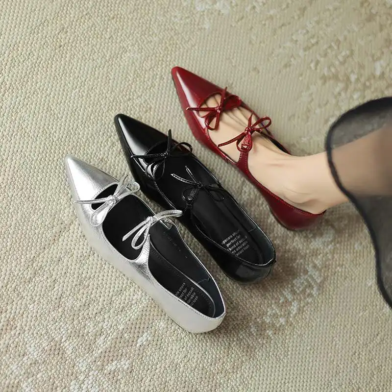 Krazing Pot Genuine Leather Autumn Pointed Toe Modern Big Size 42 Low Heels All-match Slip On Butterfly-knot  Brand Women Pumps