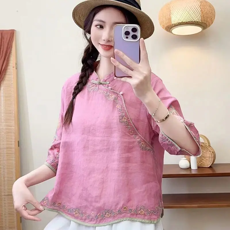 Women Chinese Style Vintage Embroidery Blouses Stand Collar Seven Quarter Sleeve Loose Shirts Summer Cotton Linen Irregular Tops