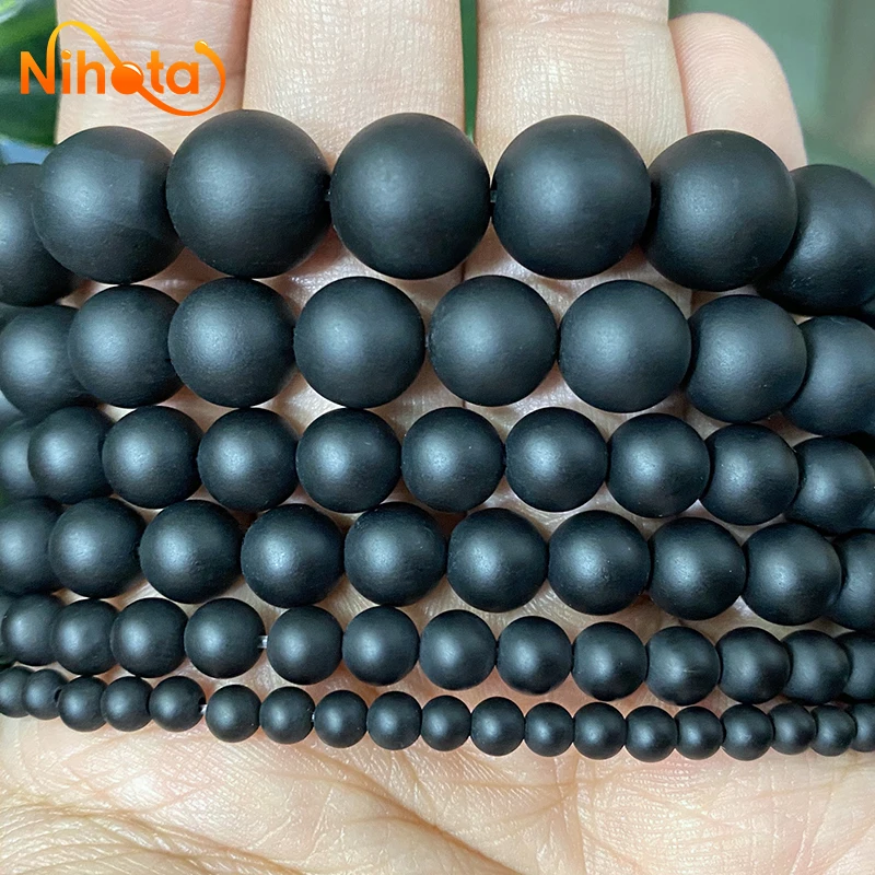 4/6/8/10/12/14mm Natural Stone Frosted Matte Black Agates Round Beads for Jewelry Making DIY Bracelets Handmade Earrings 15\'\'