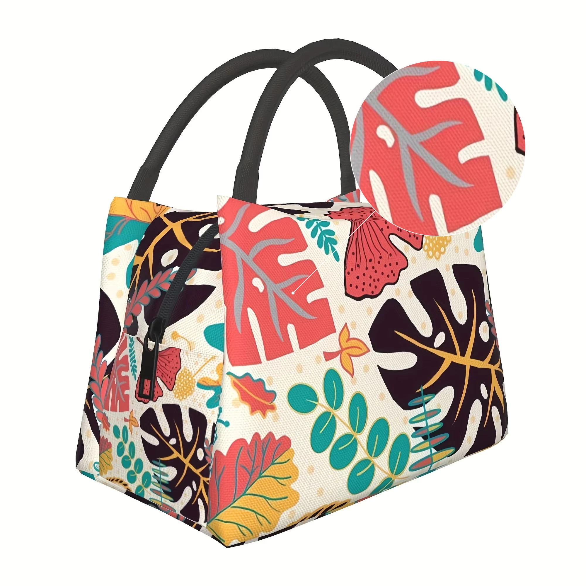 A Reusable Cooler Bag with a Palm Leaf Pattern Perfect for Camping Picnics Suitable for Students Workers Measuring 11X6.5X7 Inch