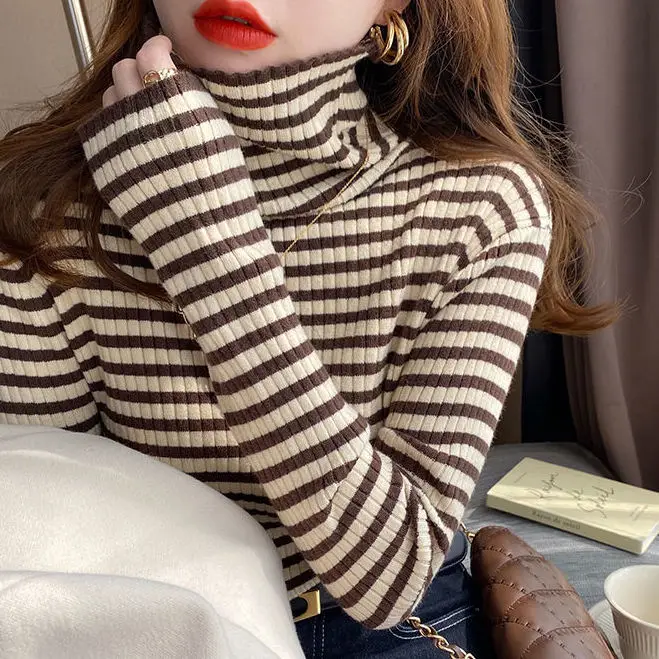 Knit Tops for Woman Hot Turtleneck Striped Women's Sweater Gigh Neck Jerseys Pullover Korean Style 90s Vintage Tricot Blouse Y2k