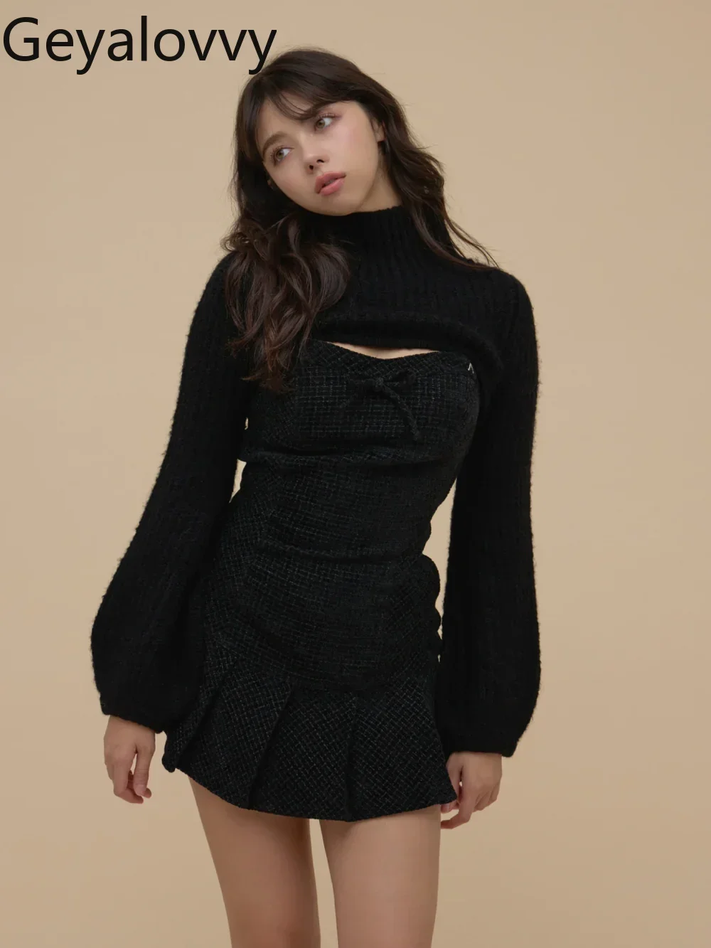 

Japanese Style 2026 Spring New High Neck Slim Knitted Top Dress Bow Pleated Strapless Short Dress Two Piece Set for Women