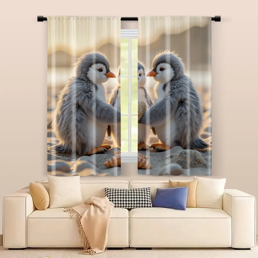 2 pcs, filtering curtains (excluding rods, non-movable, without batteries) Adorable Penguins & Starfish for use in bedrooms and