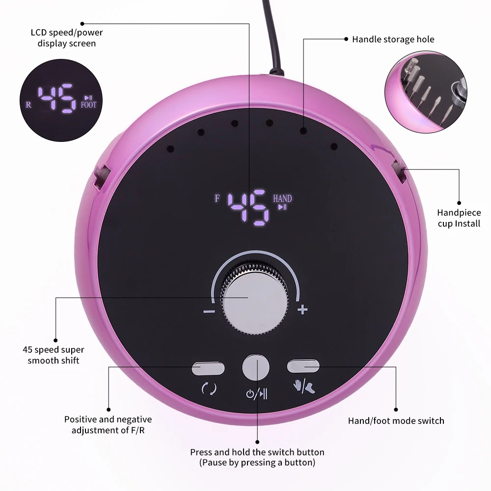 Trapano professionale per Manicure 45000 giri/min trapano elettrico per unghie bianco rosa viola levigatrice per unghie Gel rimuovi cuticole