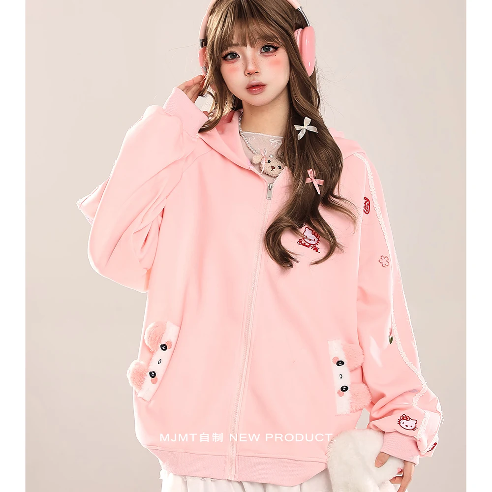 

Куртка с героями мультфильмов «Hello Kitty», женский кардиган с капюшоном Caoat Sanrio, осенняя свободная повседневная куртка для колледжа с вышивкой для девочек, топы