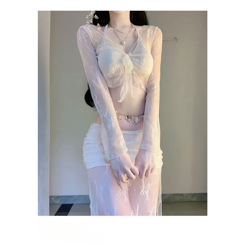 Elegant White Floral Mesh 4 Piece Bikini Set Bow Front Flare Sleeve Cover Up Skirt Swimsuit for Women Beach Resort Vacation view 4
