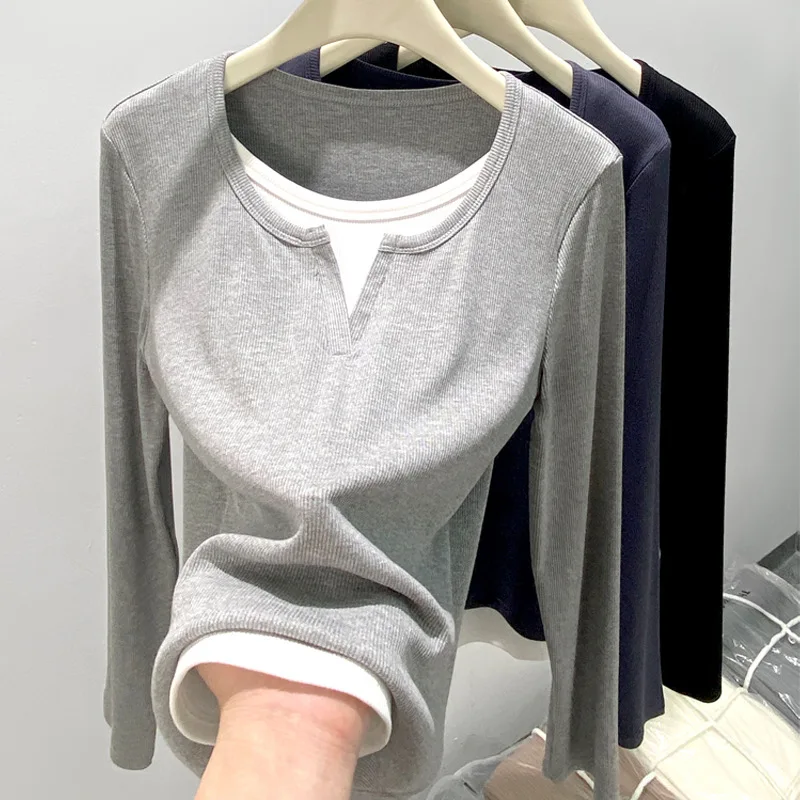 Fake Two Piece Design Long Sleeved T-shirt for Women Slimming Top Round Neck Base Shirt Women Clothes
