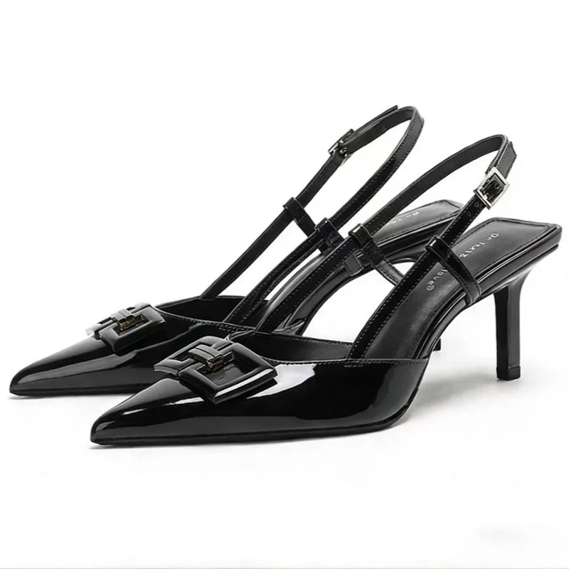 

Square Button Sexy Pointed Toe High Heels Women Elegant Designer Slingback Shoes Patent Leather Thin Heeled Office Sandals
