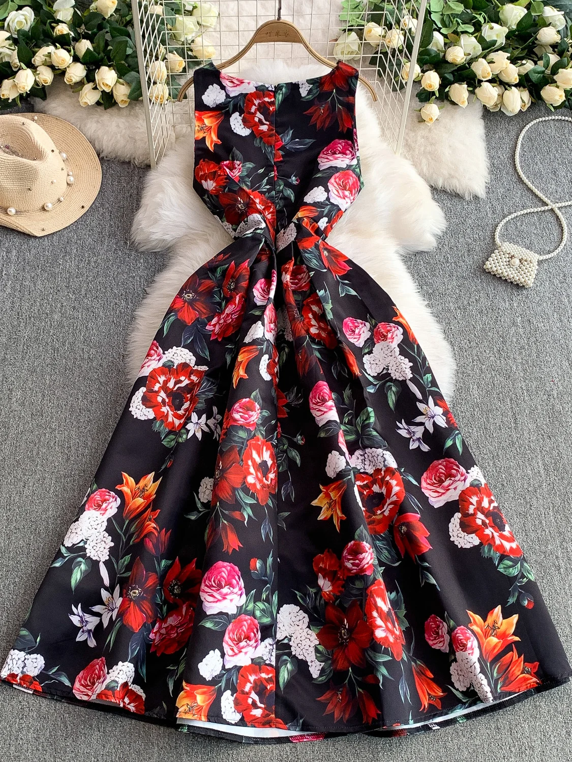 Robe longue en Satin à fleurs pour femmes, élégante, Jacquard Dobby, mi-longue, imprimée, sans manches, Vintage, décontractée