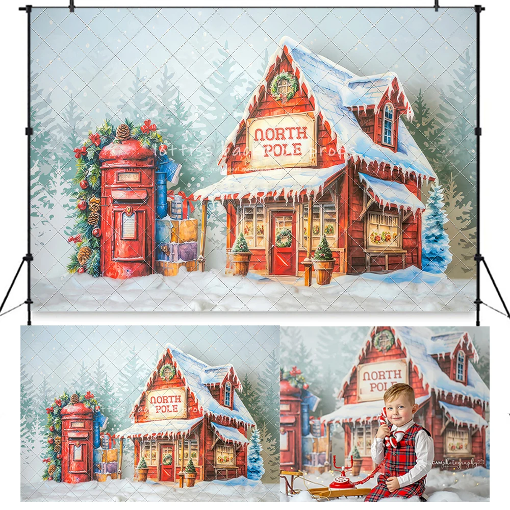 Winter North Pole Post House Backdrops Kids Baby Photography Child Adult Photocall Decors Snowflake Snowy Floor Backgrounds image 2