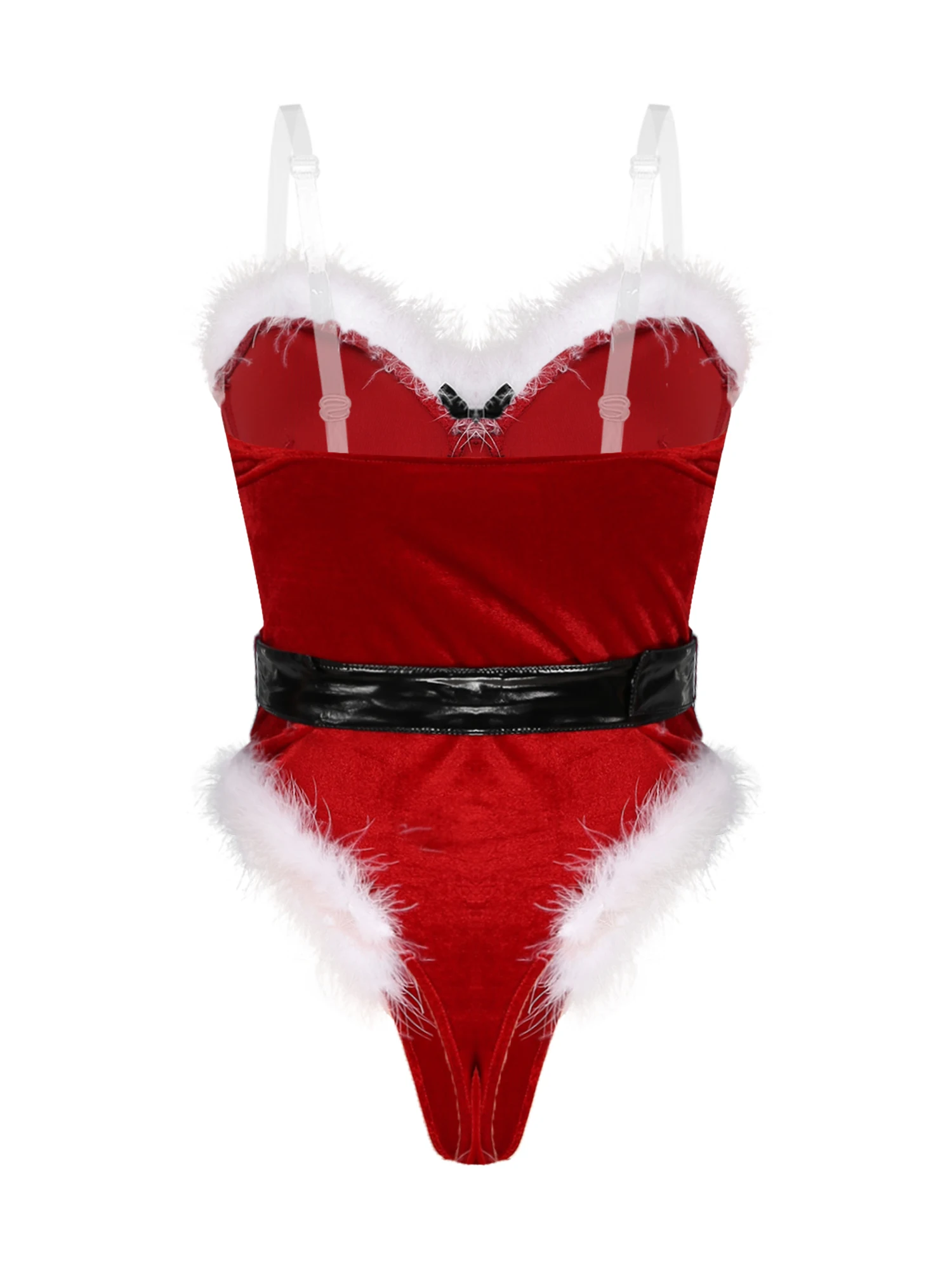 Womens Christmas Costume Red Velvet Strapless Mrs Santa Bodysuit with Belt Xmas Fancy Dress Up New Year Holiday Costume Romper