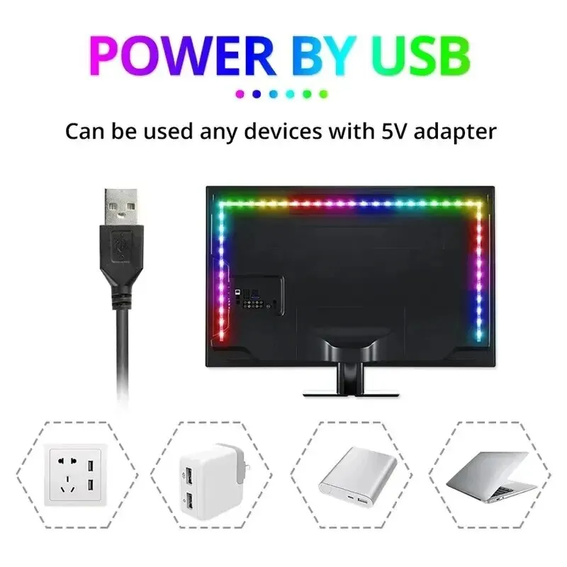 3M USB RGB lampu Strip LED 5V SMD 2835, aplikasi cerdas Bluetooth fleksibel pita pita LED untuk lampu latar TV komputer